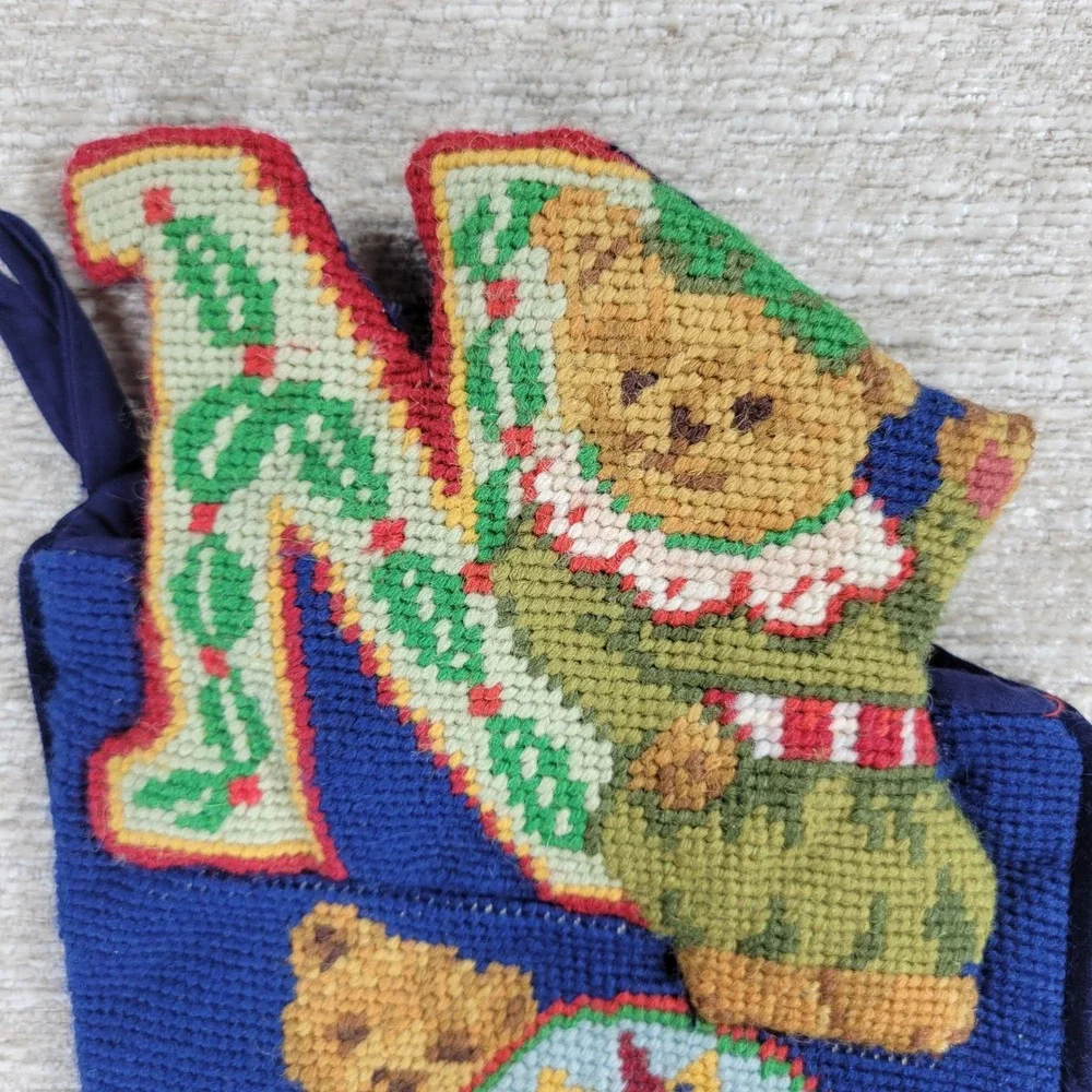 NOEL Needlepoint Christmas Stocking Velvet Wool Teddy Bear Embroidered Vintage